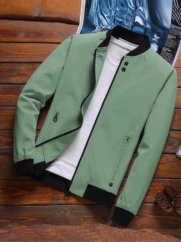 Men's Plain colorblock Zip Up Baseball Collar Jacket, Loose Casual Long Sleeve Pocket Outerwear for Spring & Fall, Fashion Men's Clothes for Daily Wear, Fall Outfits, Fallfreshness