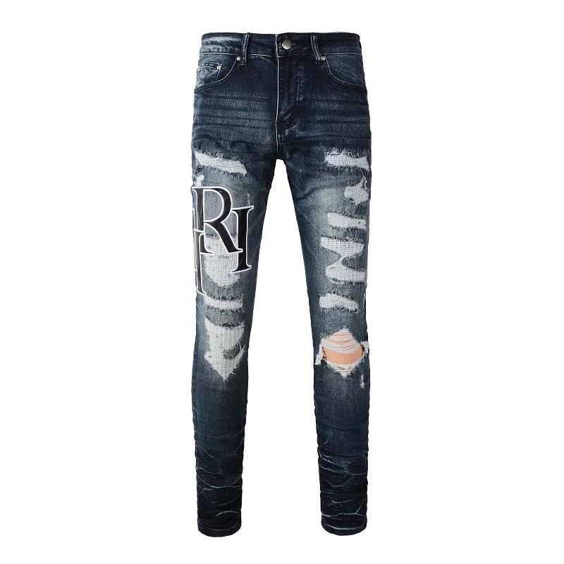 Embroidered Letters Streetwear Distressed Skinny Stretch Ripped Jeans