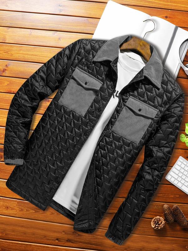 Men's Patchwork Print Button Front Pocket Winter Coats, Regular Fit Casual Long Sleeve Collared Outerwear for Fall & Winter, Men's Clothes for Daily Wear