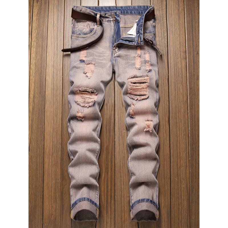 Mens Ripped Jeans - Ultra-Slim Fit, Artfully Distressed Denim, Inspired by Casual Street Style, Fashion-Forward Pants for a Relaxed Vibe Menswear Polyester Trouser Streetwear Fabric Cotton