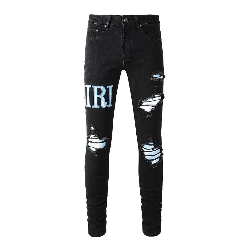 Embroidered Letters Streetwear Distressed Skinny Stretch Ripped Jeans