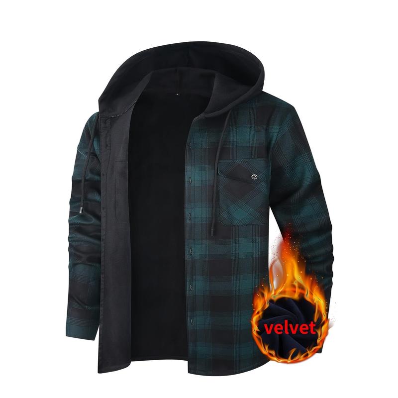 ESEA Men's Flannel Plaid Hooded Shirt - Warm, Casual Lumberjack Style with Pockets for Winter Work & Outdoor Activities Menswear Coats