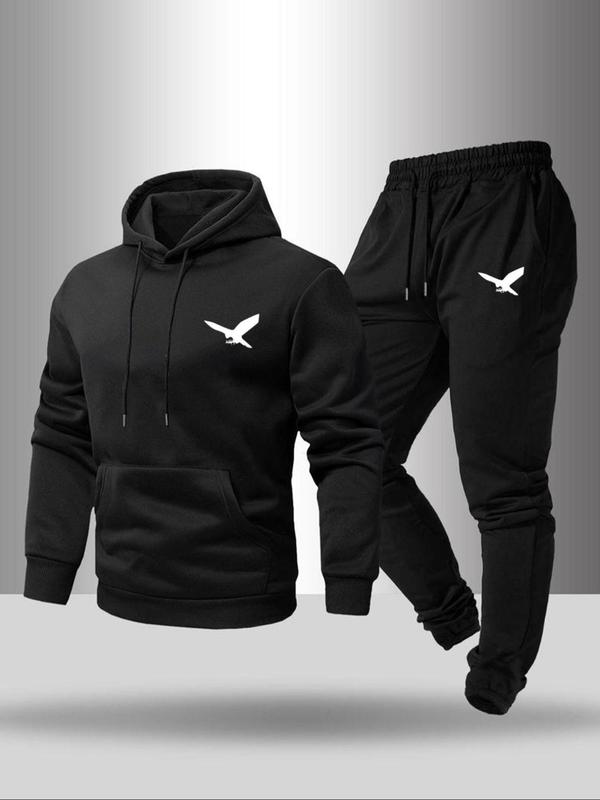 Men's Eagle Print Drawstring Hoodie & Pocket Sweatpants Thickened Two-piece Set, Casual Loose Long Sleeve Pocket Hooded Sweatshirt & Drawstring Waist Jogger Pants for Fall & Winter, Men's Two-piece Outfits for Daily Wear