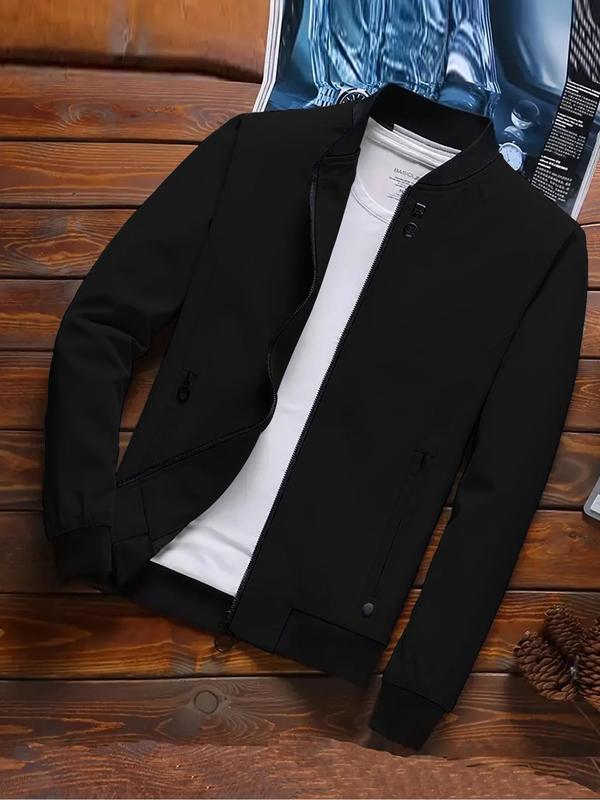 Men's Plain colorblock Zip Up Baseball Collar Jacket, Loose Casual Long Sleeve Pocket Outerwear for Spring & Fall, Fashion Men's Clothes for Daily Wear, Fall Outfits, Fallfreshness