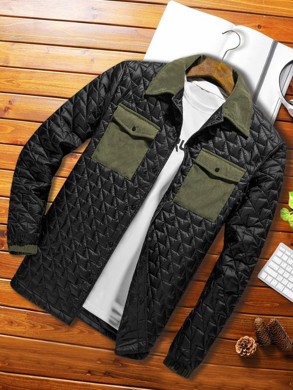 Men's Patchwork Print Button Front Pocket Winter Coats, Regular Fit Casual Long Sleeve Collared Outerwear for Fall & Winter, Men's Clothes for Daily Wear