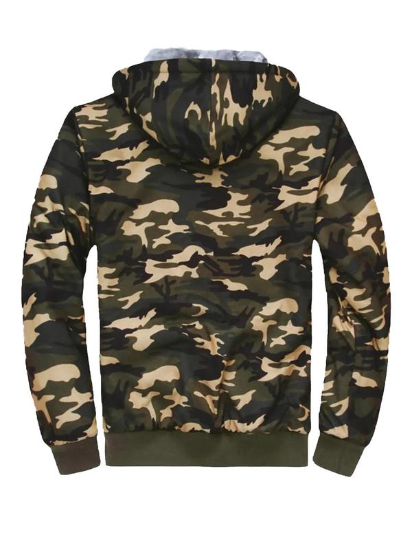 Men's Camo Print Zip Up Thermal Lined Hooded Jacket, Regular Fit Casual Long Sleeve Pocket Zipper Outerwear for Fall & Winter, Men's Sportswear for Outdoor Activities, Winter Coats Tops