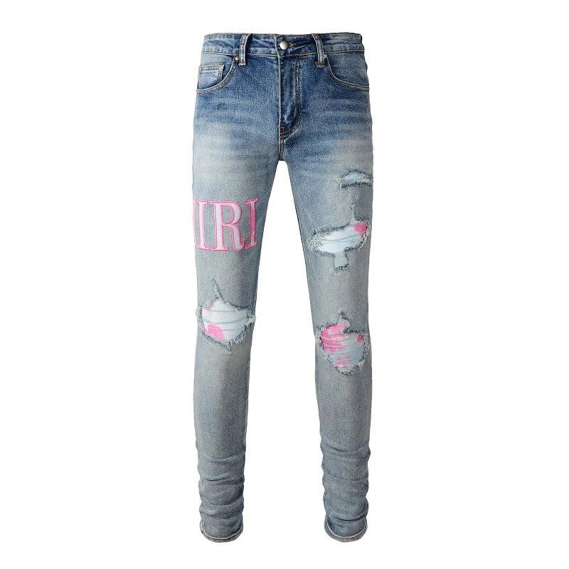 Embroidered Letters Streetwear Distressed Skinny Stretch Ripped Jeans