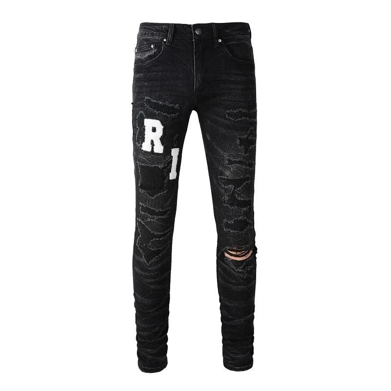 Embroidered Letters Streetwear Distressed Skinny Stretch Ripped Jeans