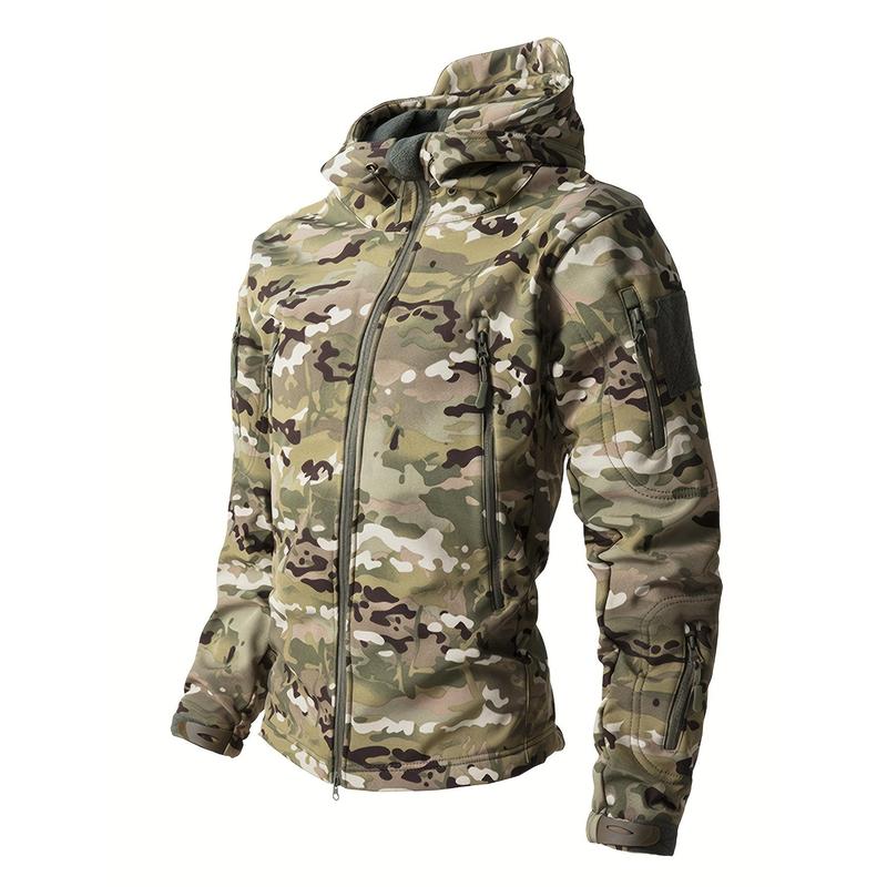 Men's casual camouflage & solid color suit, waterproof plush-lined jacket and pants, multi-pocket design, suitable for outdoor hiking, autumn and winter