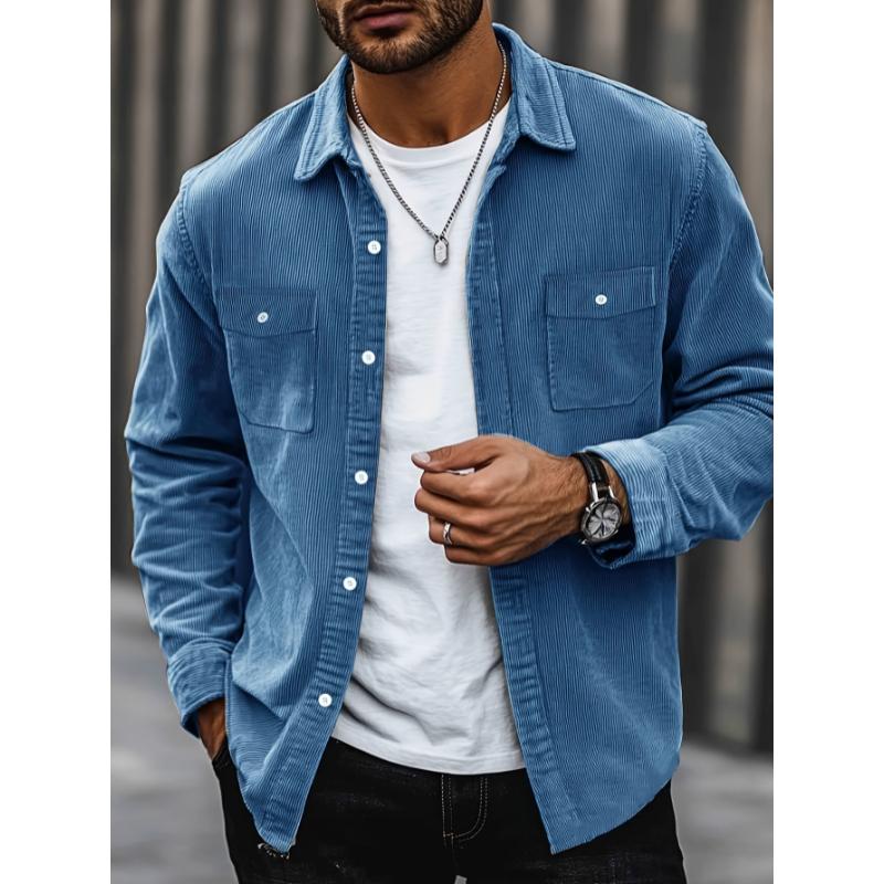 Men'S Fashion Classic Corduroy Shirt Jacket with Dual Chest Pockets, Casual Lapel Collar Button-Down, Regular Fit Solid Color Long Sleeve Shirt for Daily Wear, Street Style, Spring Fall