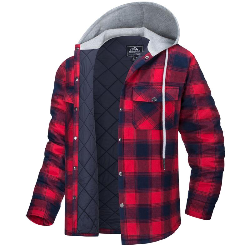 MAGCOMSEN Men's Flannel Shirt Jacket with Hood Quilted Lined Long Sleeve Plaid Hooded Jacket Button Down Winter Warm Coat