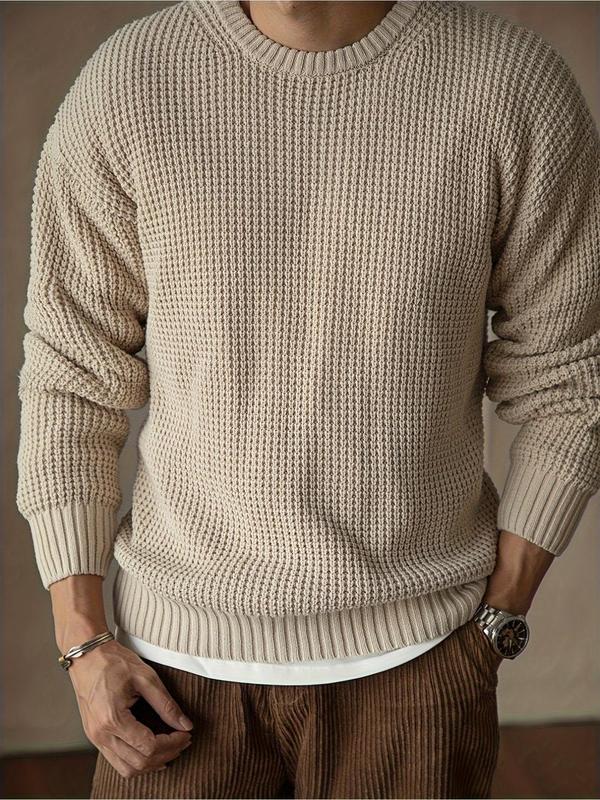 Men's Solid Waffle Knit Crew Neck Sweater, Regular Fit Casual Long Sleeve Jumper for Fall & Winter, Fashion Men's Knitwear for Daily Wear