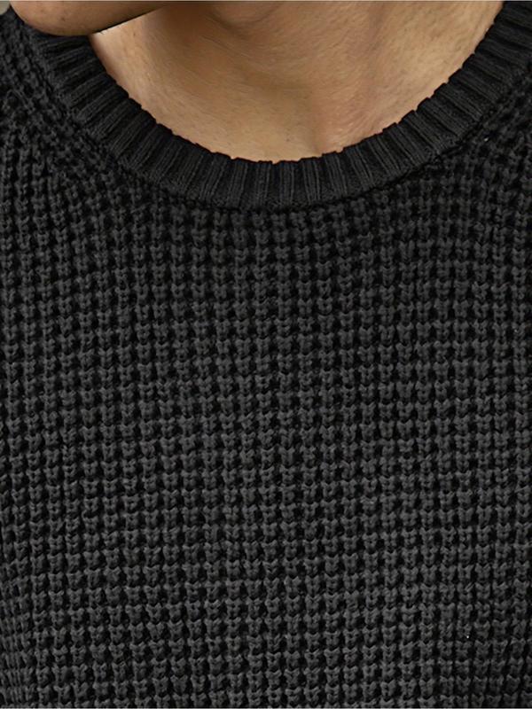 Men's Solid Waffle Knit Crew Neck Sweater, Regular Fit Casual Long Sleeve Jumper for Fall & Winter, Fashion Men's Knitwear for Daily Wear