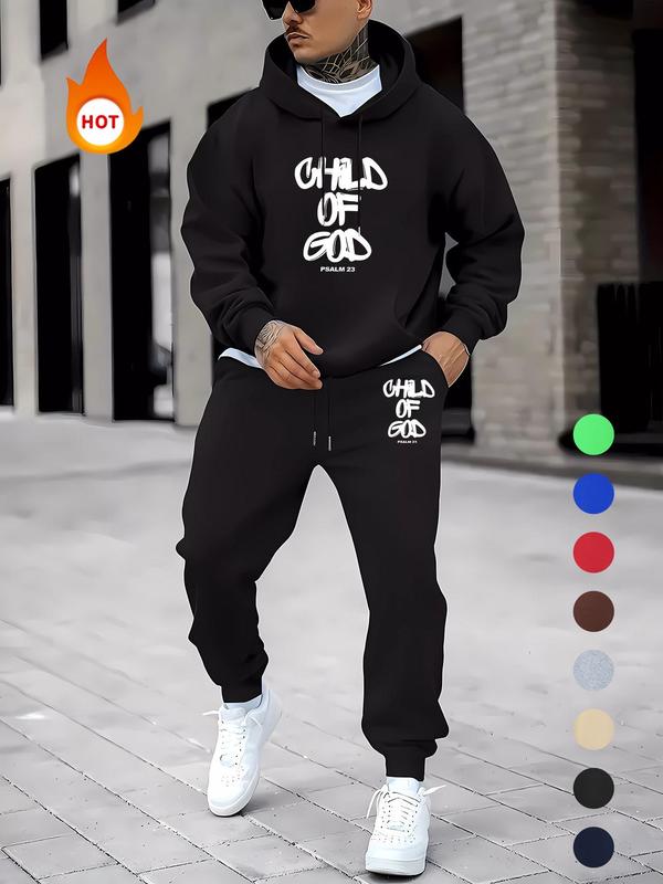 Men's Letter Print Sweatshirt & Drawstring Waist Sweatpants Set, Casual Regular Fit Long Sleeve Hooded Pullover & Pocket Jogger Pants, Men's Fall & Winter Clothes