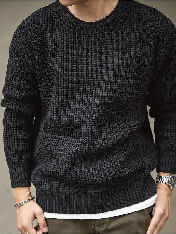 Men's Solid Waffle Knit Crew Neck Sweater, Regular Fit Casual Long Sleeve Jumper for Fall & Winter, Fashion Men's Knitwear for Daily Wear