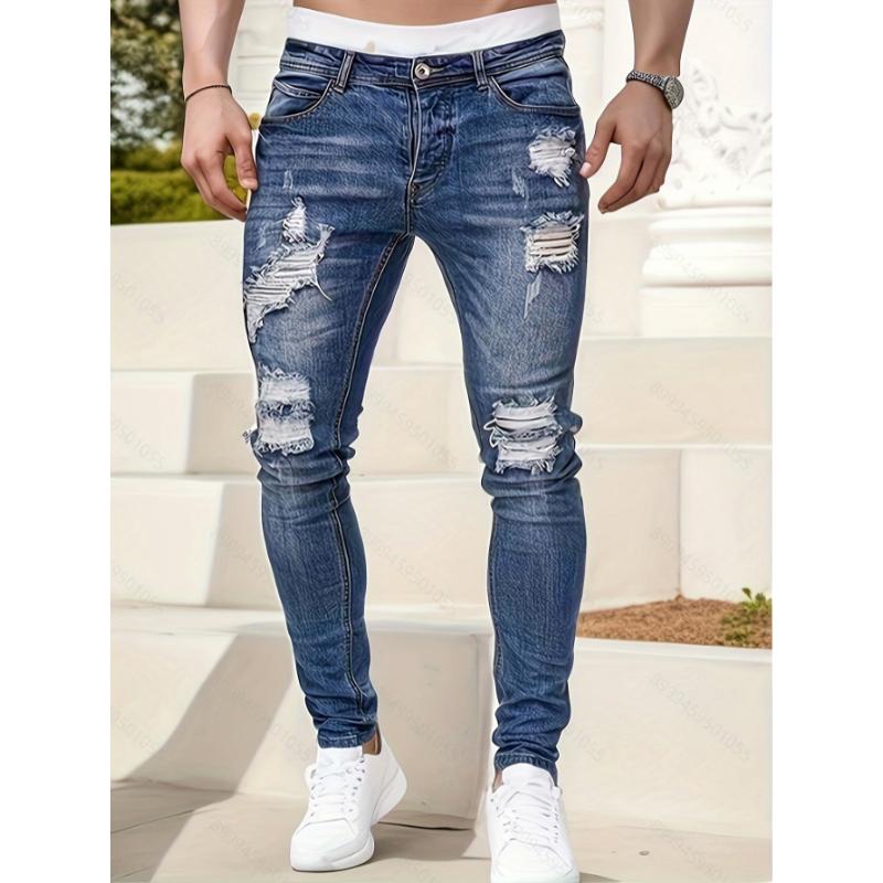 Mens Slim Fit Ripped Jeans - Casual Street Style Distressed Medium Stretch Denim Pants with Faded Thighs and Knees for Fashionable Comfort