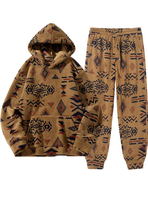 Men's Ethnic All Over Geometric Print Drop Shoulder Plush Sweatshirt & Drawstring Waist Pants Set, Regular Fit Casual Fashion Cozy Breathable Two-piece Outfits for Daily Outdoor Wear, Men Clothes for Fall & Winter