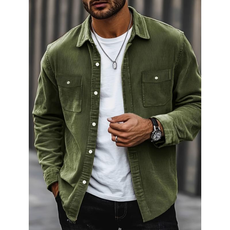 Men'S Fashion Classic Corduroy Shirt Jacket with Dual Chest Pockets, Casual Lapel Collar Button-Down, Regular Fit Solid Color Long Sleeve Shirt for Daily Wear, Street Style, Spring Fall