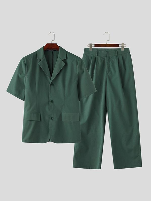 Two Pieces Men's Pocket Button Front Co-ord Set, Casual Lapel Blazer & Plicated Wide Leg Pants for Summer, Men's Two-piece Outfits for Business Work Office