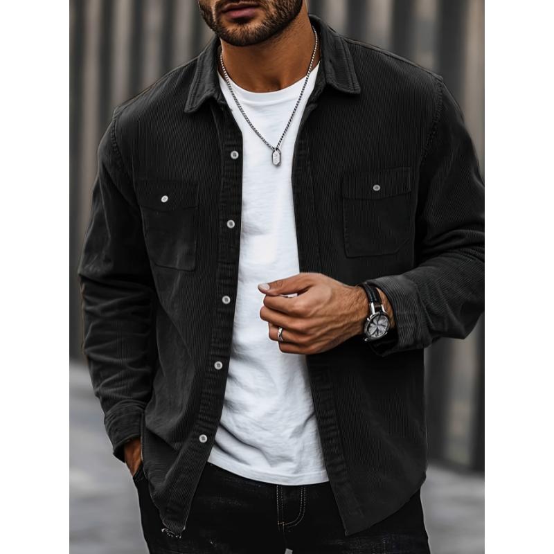 Men'S Fashion Classic Corduroy Shirt Jacket with Dual Chest Pockets, Casual Lapel Collar Button-Down, Regular Fit Solid Color Long Sleeve Shirt for Daily Wear, Street Style, Spring Fall