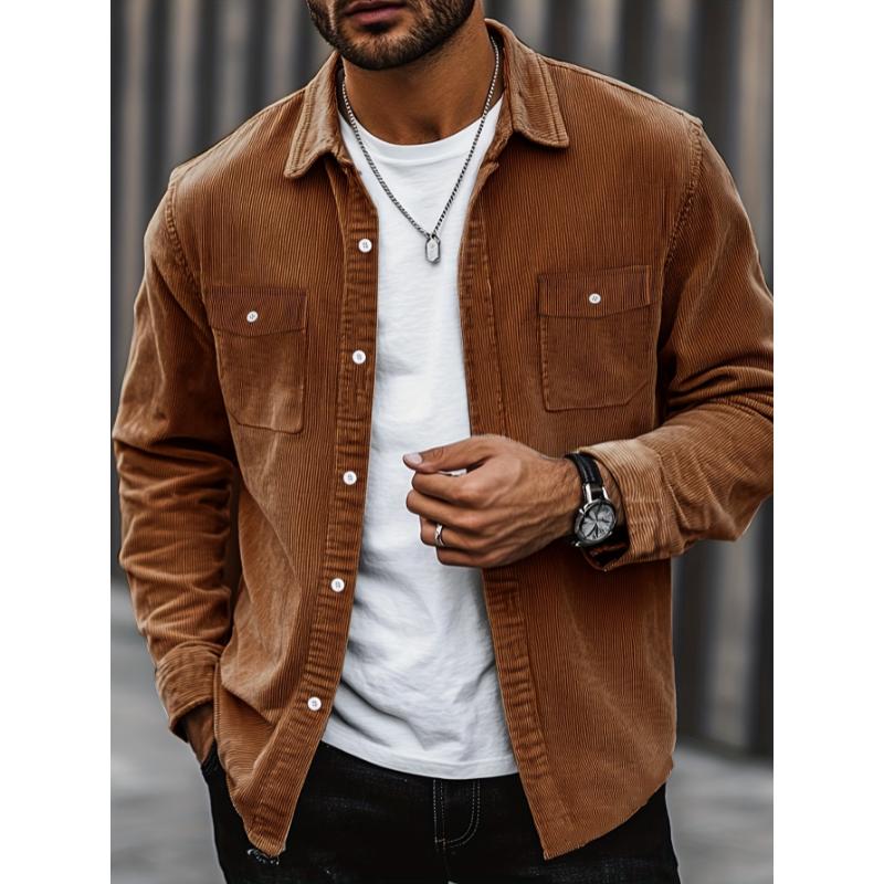 Men'S Fashion Classic Corduroy Shirt Jacket with Dual Chest Pockets, Casual Lapel Collar Button-Down, Regular Fit Solid Color Long Sleeve Shirt for Daily Wear, Street Style, Spring Fall