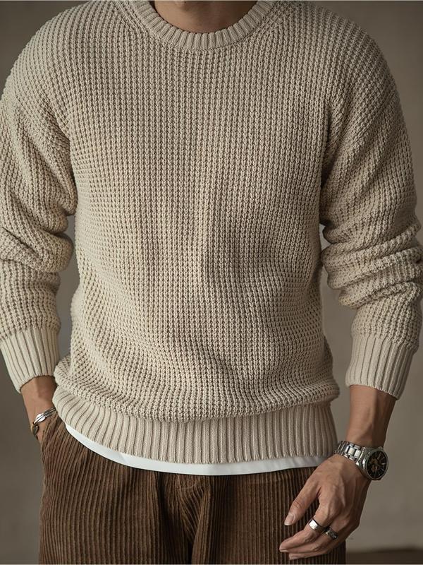 Men's Solid Waffle Knit Crew Neck Sweater, Regular Fit Casual Long Sleeve Jumper for Fall & Winter, Fashion Men's Knitwear for Daily Wear