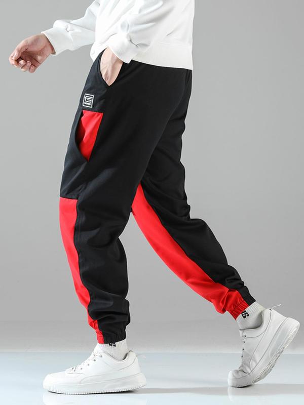 Men's Regular Fit Colorblock Patchwork Drawstring Cargo Pants, Casual Zipper Pocket Patched Elastic Waist Pants for Daily Wear, Fashion Men's Bottoms for Summer