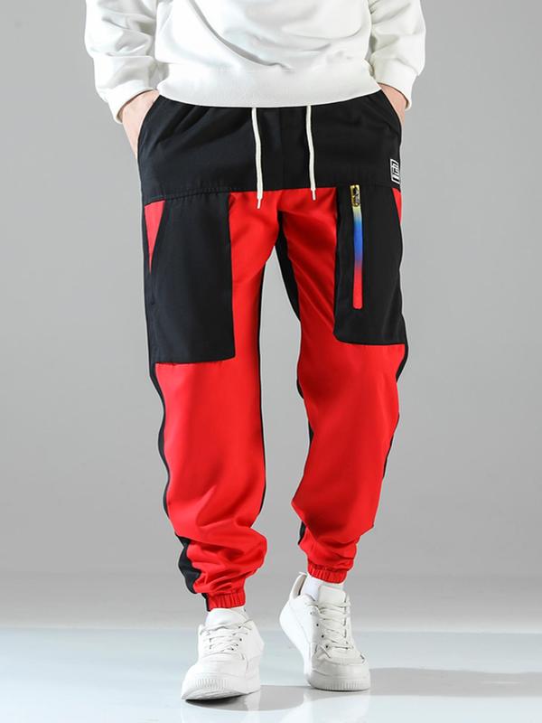 Men's Regular Fit Colorblock Patchwork Drawstring Cargo Pants, Casual Zipper Pocket Patched Elastic Waist Pants for Daily Wear, Fashion Men's Bottoms for Summer