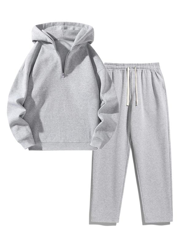 2 Pieces Unisex Men's Plain Basic Regular Fit Drop Shoulder Half Zip Hoodie & Pocket Drawstring Sweatpants Two-Piece Set, Back To School Clothes, Men's 2 Piece Set, Men's Outfits Set