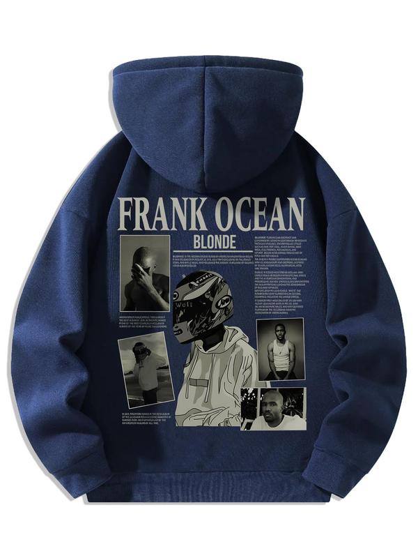 Men's Frank Ocean Letter Print Zip Up Hoodie, Regular Fit Casual Drop Shoulder Long Sleeve Hooded Sweatshirt for Fall & Winter, Men's Clothes for Daily Wear