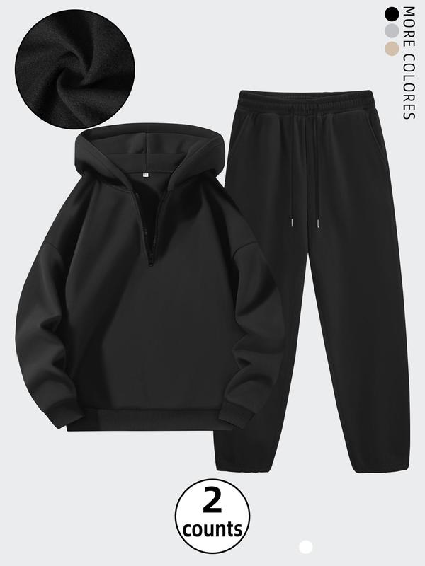 Men's Solid Drop Shoulder Half Zip Up Hoodie & Pocket Sweatpants Two-piece Set, Casual Fashion Cozy Breathable Two Piece for Daily Outdoor Wear, Men Clothes for Fall & Winter