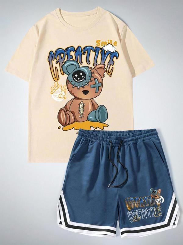 Two-Piece Set Men's Cartoon Bear Graphic Tee & Contrast Trim Drawstring Shorts Set, Regular Fit Round Neck Short Sleeve T-Shirt & Elastic Waist Pocket Shorts, Casual Fashion Cozy Breathable Men Back To School Outfits for Summer