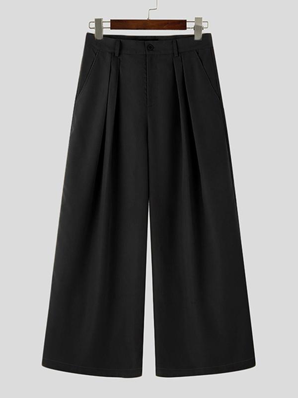 Men's Solid Button Fly  Plicated Wide Leg Pants, Loose Casual Comfy High Waist Trousers for Fall & Winter, Men's Bottoms for Daily Wear