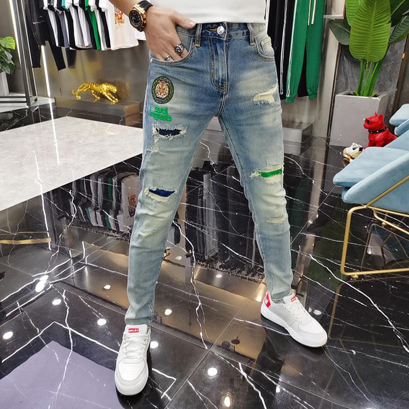 New Mens Ripped Splice Jeans Embroidery Skinny Pants High Quality Slim Vintage Blue Hip Hop Jeans Streetwear Mans Denim Trousers