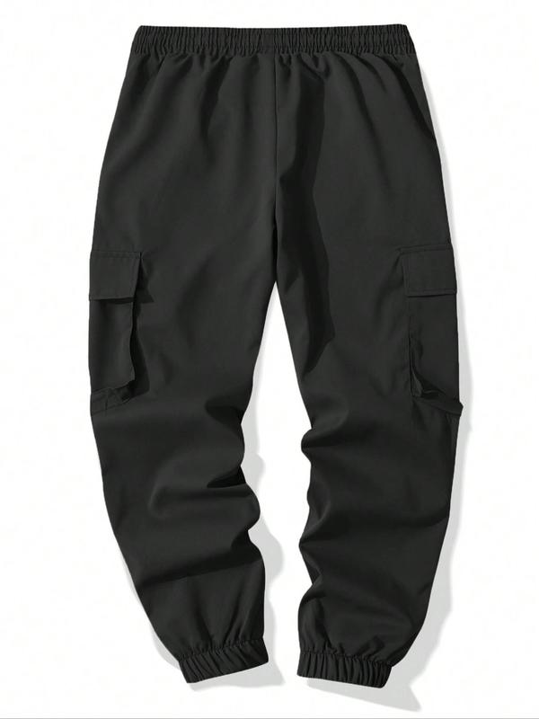 Men's Solid Drawstring Waist Cargo Pants, Casual Street Pocket Trousers for Daily Wear, Men's Bottoms for All Seasons