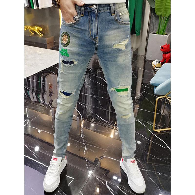 New Mens Ripped Splice Jeans Embroidery Skinny Pants High Quality Slim Vintage Blue Hip Hop Jeans Streetwear Mans Denim Trousers