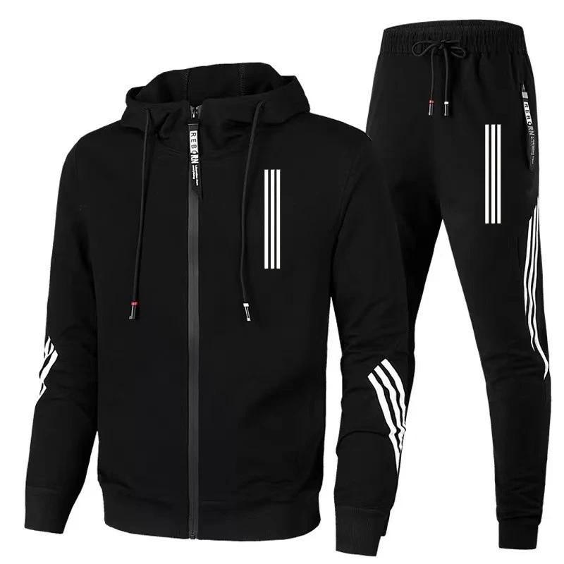 Men's Hoodies+Pants Two Piece Sets Triple Slant Hoodie Jacket Sport Zipper Tracksuits Sports Jogging Male Fitness Clothing