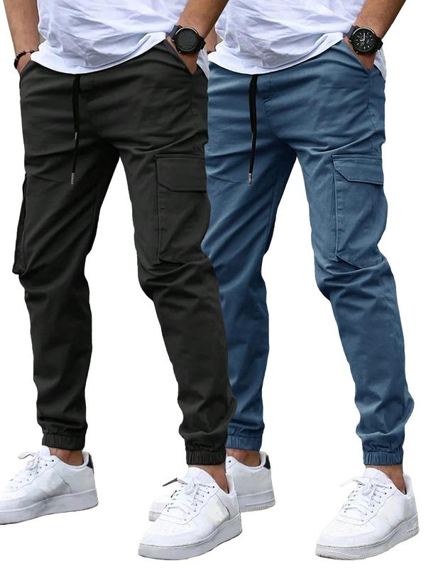 Men's Solid Drawstring Waist Cargo Pants, Casual Street Pocket Trousers for Daily Wear, Men's Bottoms for All Seasons