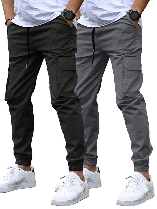 Men's Solid Drawstring Waist Cargo Pants, Casual Street Pocket Trousers for Daily Wear, Men's Bottoms for All Seasons