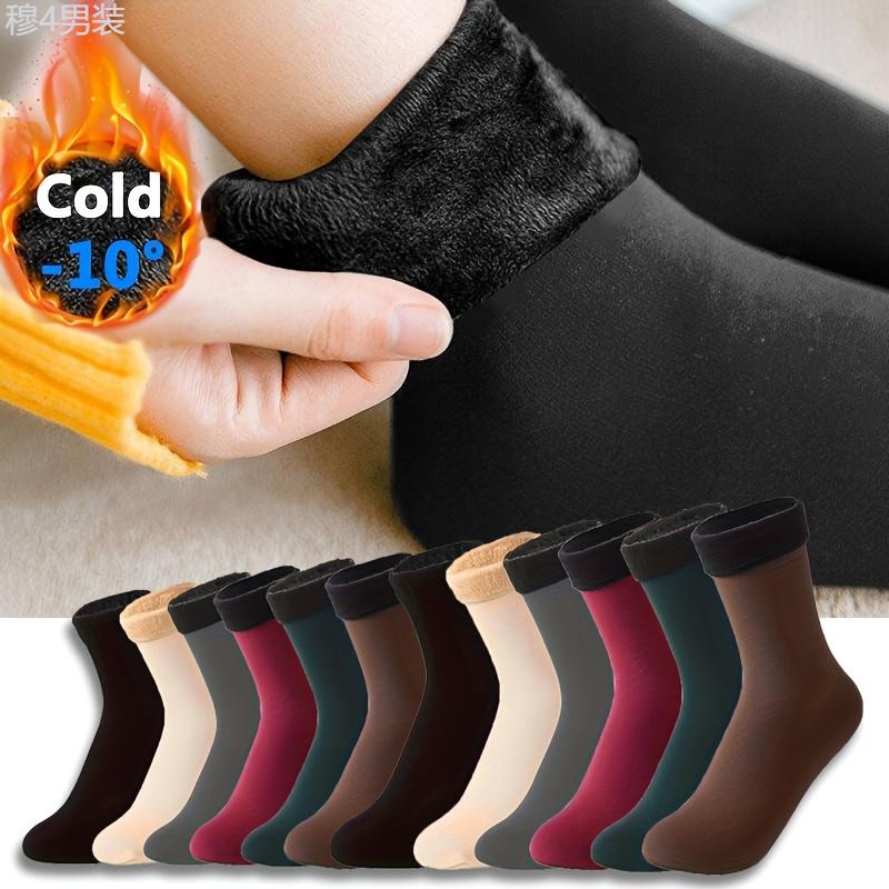 6 Pairs Winter Thermal Socks - Unisex Thickened Fleece Lined Mid-Calf Boot Socks, Soft Polyester and Spandex Knit Fabric, Solid Color, Hand Wash Recommended Menswear Underwear Motocross Beige Plain