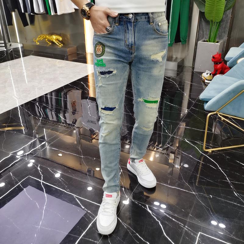 New Mens Ripped Splice Jeans Embroidery Skinny Pants High Quality Slim Vintage Blue Hip Hop Jeans Streetwear Mans Denim Trousers