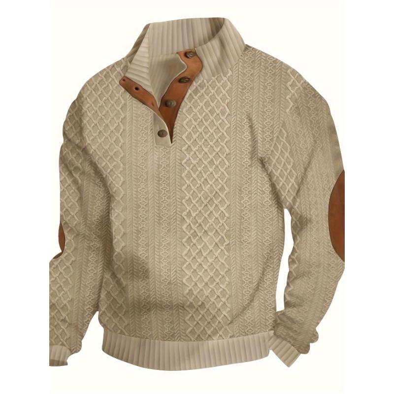 Men's Classic Jacquard Stand Collar Pullover Sweater - Casual Long Sleeve Knit Top for Fall Winter, Polyester