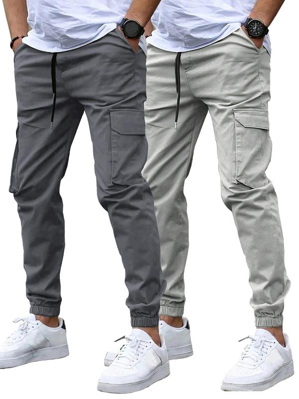 Men's Solid Drawstring Waist Cargo Pants, Casual Street Pocket Trousers for Daily Wear, Men's Bottoms for All Seasons