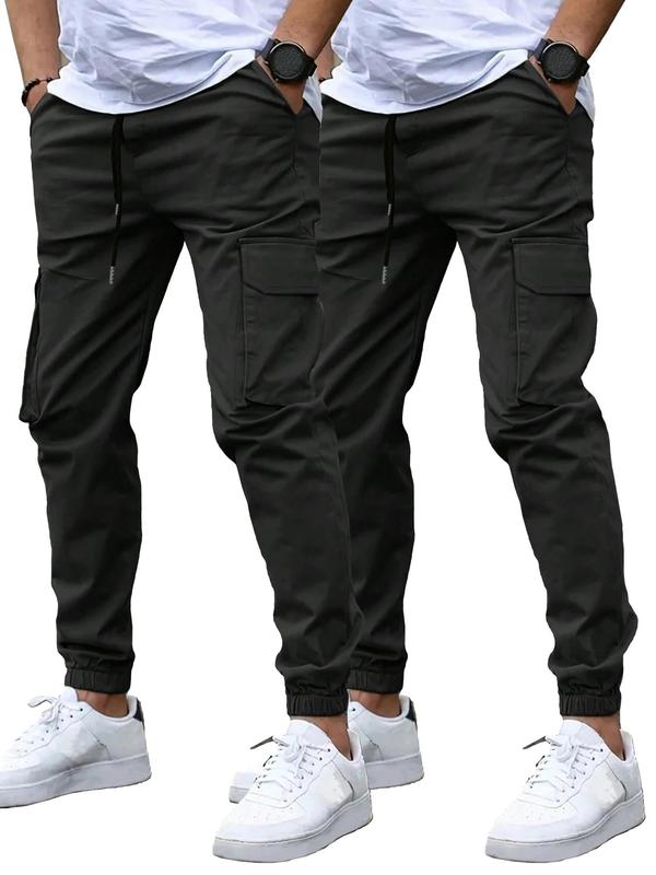 Men's Solid Drawstring Waist Cargo Pants, Casual Street Pocket Trousers for Daily Wear, Men's Bottoms for All Seasons