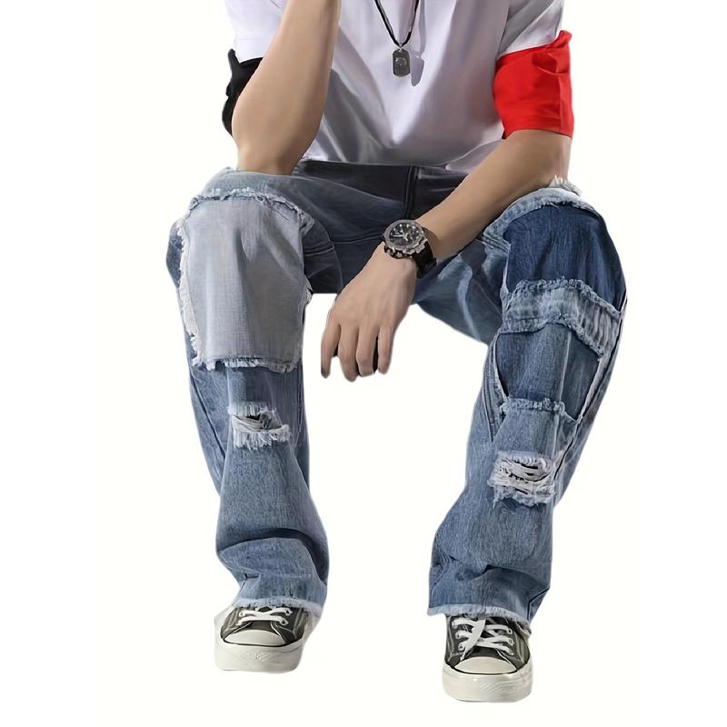 Men's Casual Patchwork Jeans, Chic Street Style Loose Fit Denim Pants K-pop