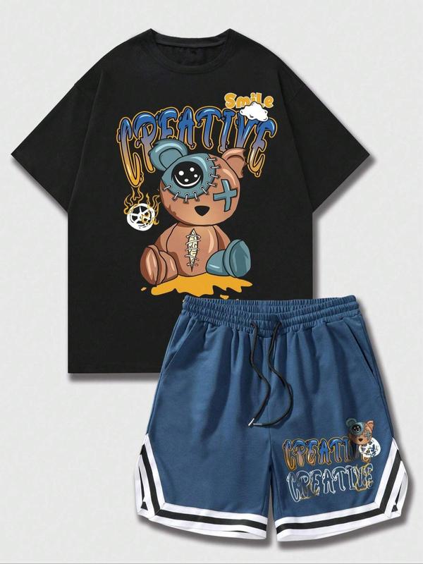 Two-Piece Set Men's Cartoon Bear Graphic Tee & Contrast Trim Drawstring Shorts Set, Regular Fit Round Neck Short Sleeve T-Shirt & Elastic Waist Pocket Shorts, Casual Fashion Cozy Breathable Men Back To School Outfits for Summer