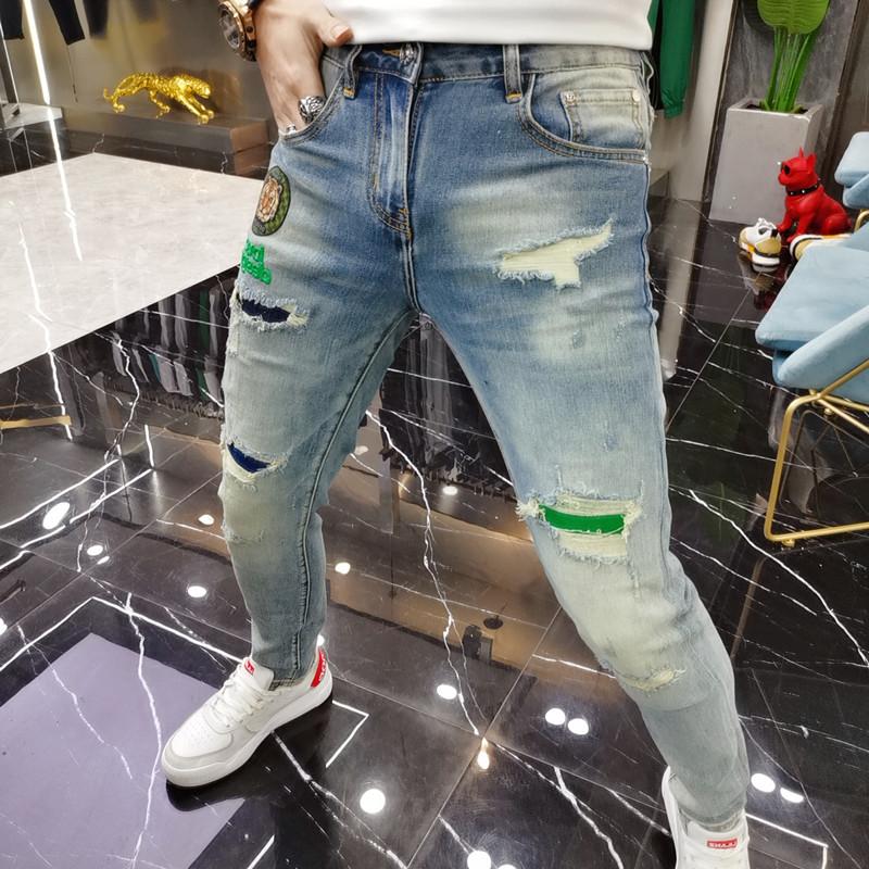 New Mens Ripped Splice Jeans Embroidery Skinny Pants High Quality Slim Vintage Blue Hip Hop Jeans Streetwear Mans Denim Trousers