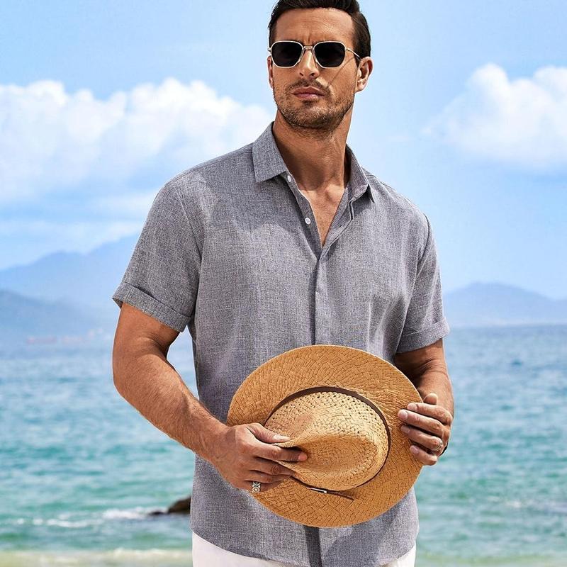 COOFANDY men's linen shirt short sleeved casual shirt men's button up shirt 2024 summer beach leisure vacation shirt, suitable for home, outdoor, dating, vacation, and gathering casual short sleeved shirt