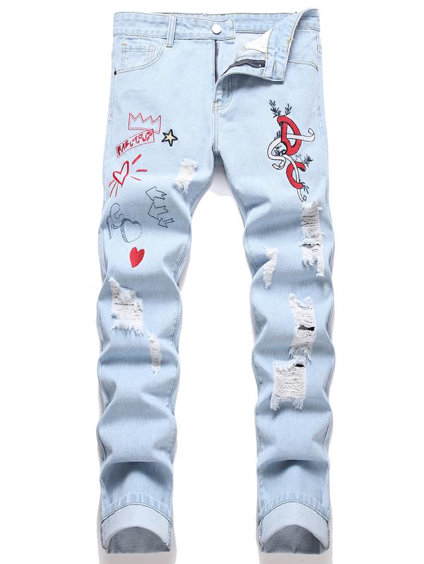 Men Letter & Heart Print RippedJeans Casual Trousers Fashion Menswear Classic Jerseys