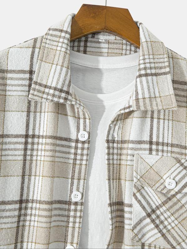 Men's Plaid Print Button Front Shirt Coat, Loose Casual Long Sleeve Collared Outerwear for Fall & Winter, Men's Clothes for Daily Wear